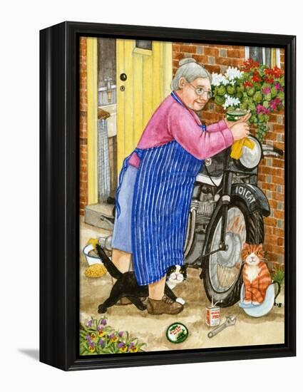 Grandma and 2 Cats and Motorbike (W/C on Paper)-Linda Benton-Framed Premier Image Canvas