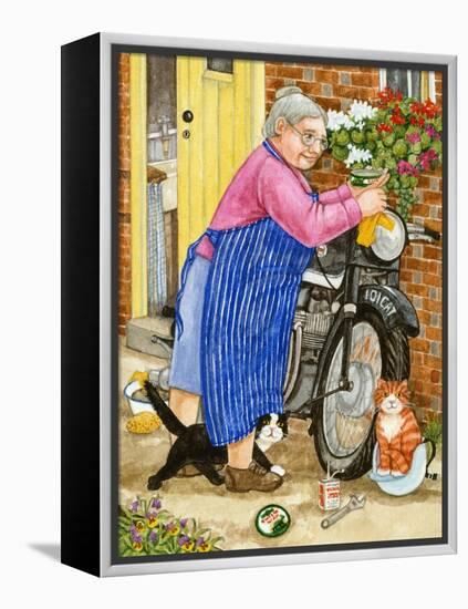 Grandma and 2 Cats and Motorbike (W/C on Paper)-Linda Benton-Framed Premier Image Canvas