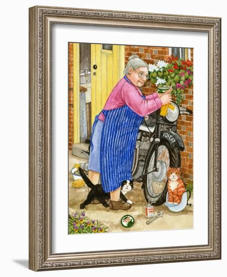 Grandma and 2 Cats and Motorbike (W/C on Paper)-Linda Benton-Framed Giclee Print