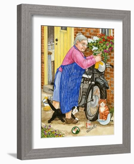 Grandma and 2 Cats and Motorbike (W/C on Paper)-Linda Benton-Framed Giclee Print