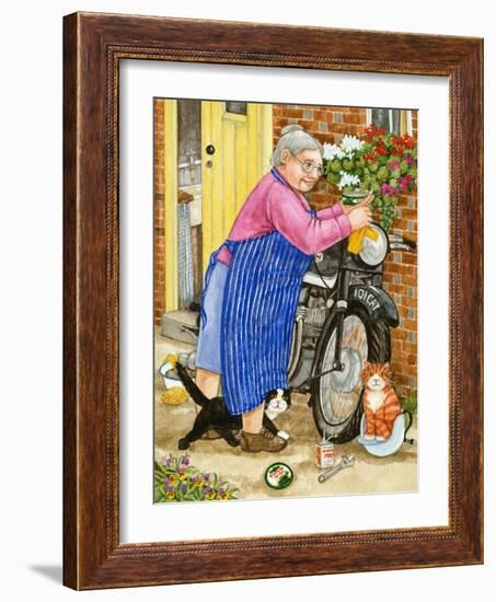 Grandma and 2 Cats and Motorbike (W/C on Paper)-Linda Benton-Framed Giclee Print