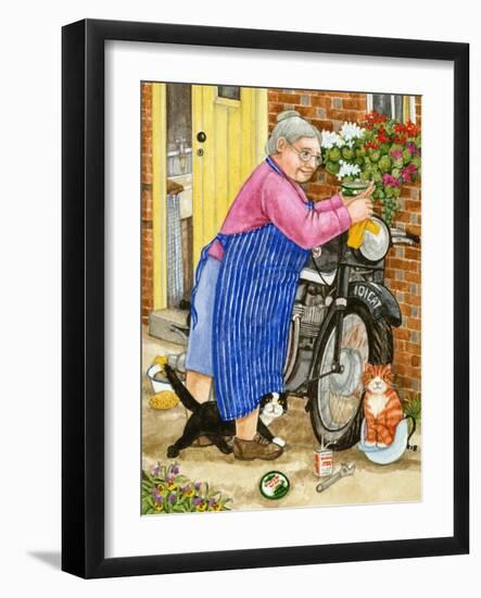 Grandma and 2 Cats and Motorbike (W/C on Paper)-Linda Benton-Framed Giclee Print