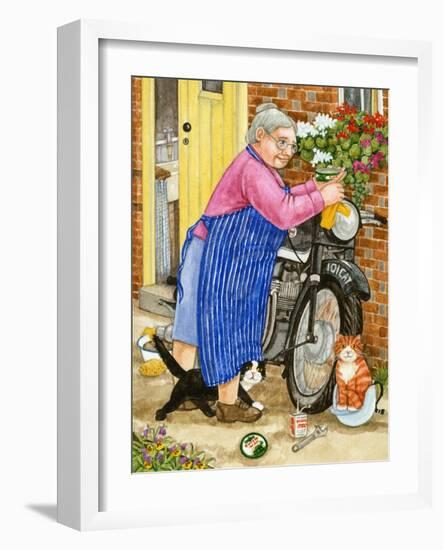 Grandma and 2 Cats and Motorbike (W/C on Paper)-Linda Benton-Framed Giclee Print