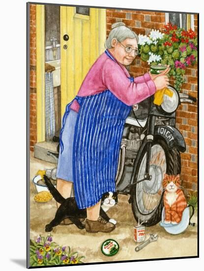 Grandma and 2 Cats and Motorbike (W/C on Paper)-Linda Benton-Mounted Giclee Print