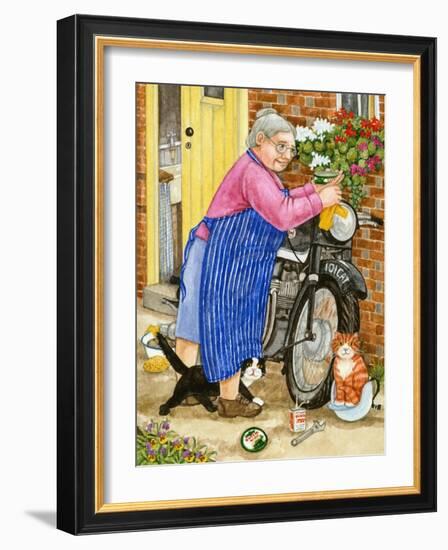 Grandma and 2 Cats and Motorbike (W/C on Paper)-Linda Benton-Framed Giclee Print