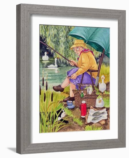 Grandma and cat fishing-Linda Benton-Framed Giclee Print