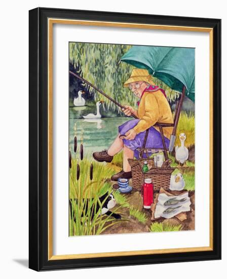 Grandma and cat fishing-Linda Benton-Framed Giclee Print