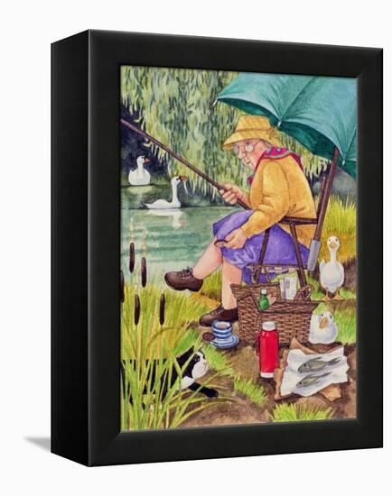 Grandma and cat fishing-Linda Benton-Framed Premier Image Canvas