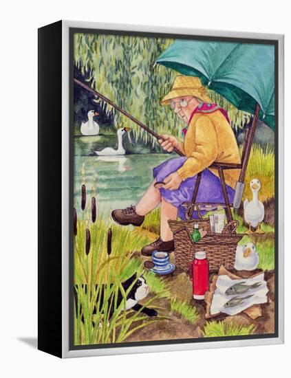 Grandma and cat fishing-Linda Benton-Framed Premier Image Canvas