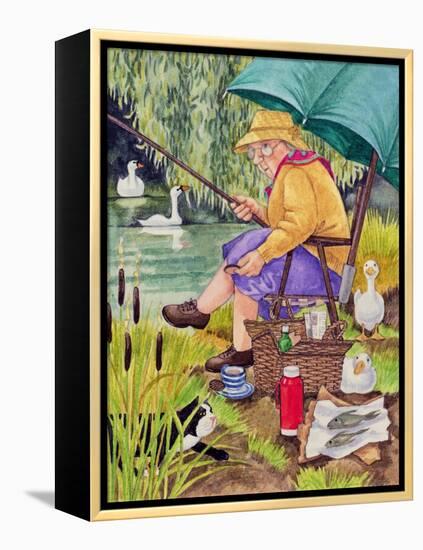 Grandma and cat fishing-Linda Benton-Framed Premier Image Canvas