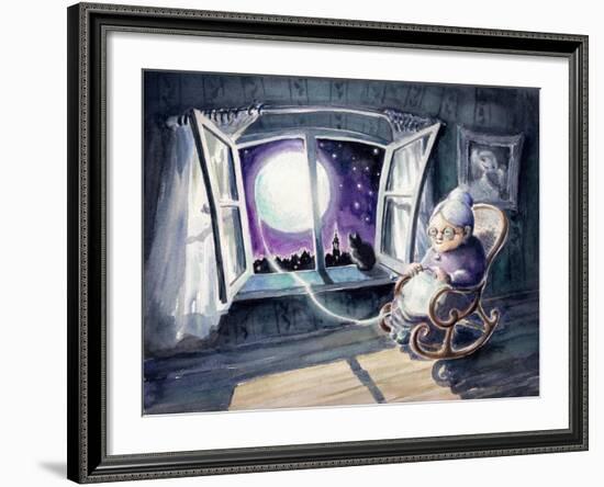 Grandmother Knitting a Sweater with a Lunar Light.Picture Created with Watercolors.-DeepGreen-Framed Art Print