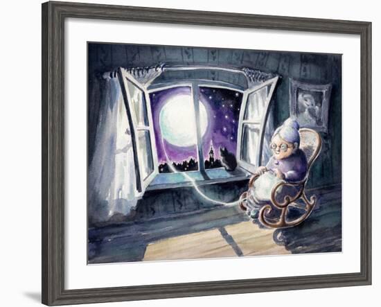 Grandmother Knitting a Sweater with a Lunar Light.Picture Created with Watercolors.-DeepGreen-Framed Art Print