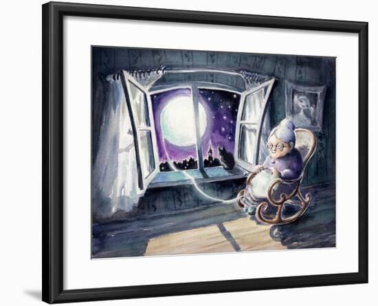 Grandmother Knitting a Sweater with a Lunar Light.Picture Created with Watercolors.-DeepGreen-Framed Art Print