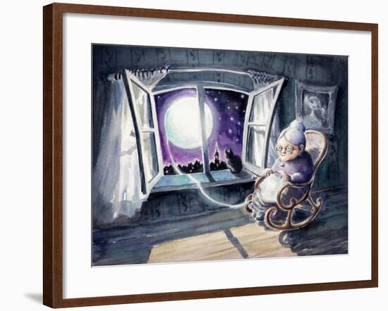 Grandmother Knitting a Sweater with a Lunar Light.Picture Created with Watercolors.-DeepGreen-Framed Art Print