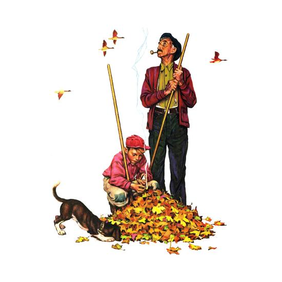 Grandpa And Me Raking Leavesby Norman Rockwell