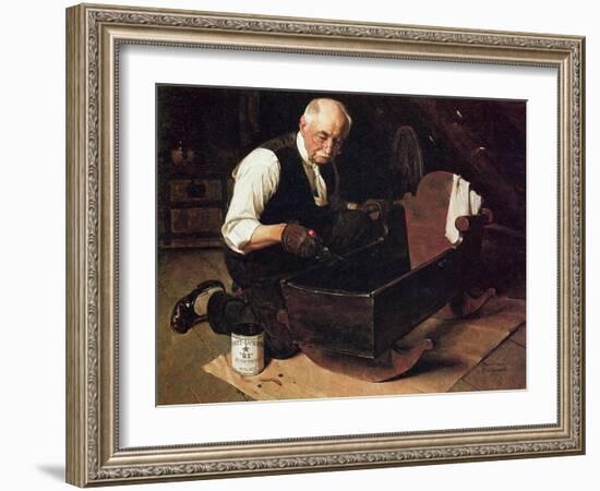 Grandpa’s Gift (or Grandfather Varnishing the Cradle; Up in the Garret)-Norman Rockwell-Framed Giclee Print