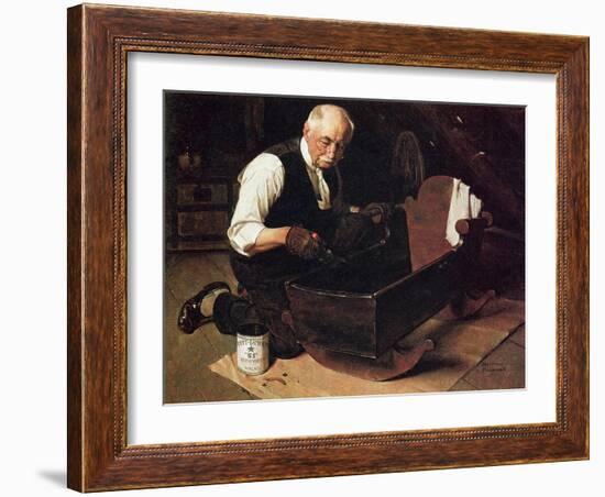 Grandpa’s Gift (or Grandfather Varnishing the Cradle; Up in the Garret)-Norman Rockwell-Framed Giclee Print