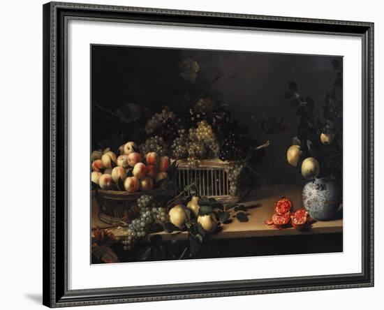 Grapes and Peaches in Wicker Baskets, with Apples, Pears, and Pomegranates on a Table-Cristofano Allori-Framed Giclee Print