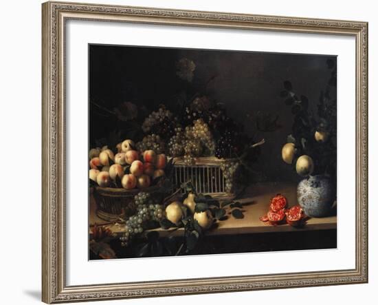 Grapes and Peaches in Wicker Baskets, with Apples, Pears, and Pomegranates on a Table-Cristofano Allori-Framed Giclee Print