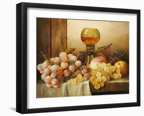 Grapes, Apple, Plums and Peach with Hock Glass on Draped Ledge-Edward Ladell-Framed Giclee Print