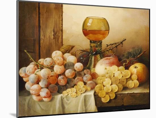 Grapes, Apple, Plums and Peach with Hock Glass on Draped Ledge-Edward Ladell-Mounted Giclee Print