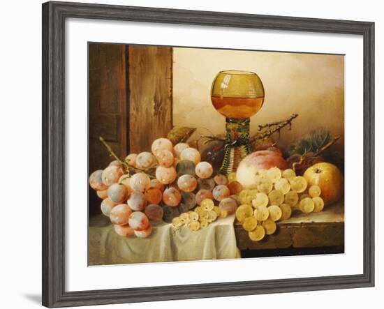 Grapes, Apple, Plums and Peach with Hock Glass on Draped Ledge-Edward Ladell-Framed Giclee Print