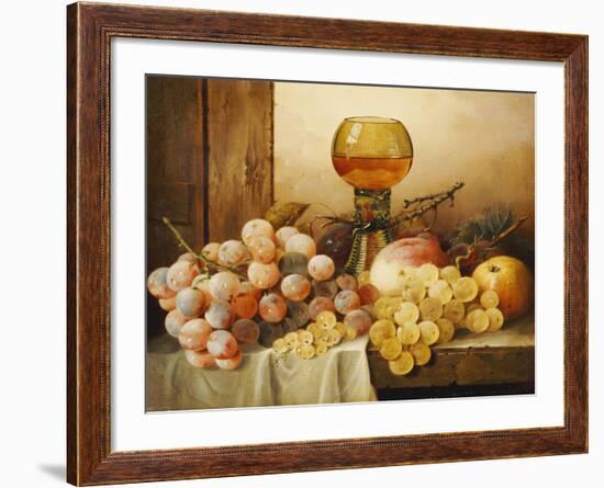 Grapes, Apple, Plums and Peach with Hock Glass on Draped Ledge-Edward Ladell-Framed Giclee Print