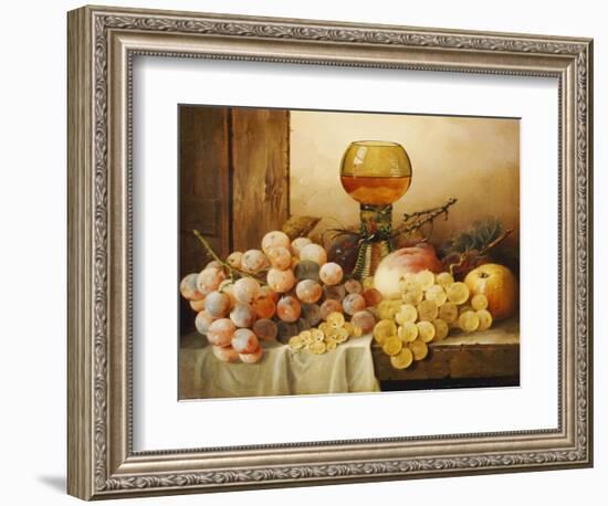 Grapes, Apple, Plums and Peach with Hock Glass on Draped Ledge-Edward Ladell-Framed Giclee Print