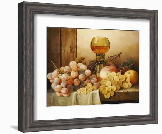 Grapes, Apple, Plums and Peach with Hock Glass on Draped Ledge-Edward Ladell-Framed Giclee Print