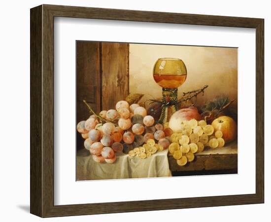 Grapes, Apple, Plums and Peach with Hock Glass on Draped Ledge-Edward Ladell-Framed Giclee Print