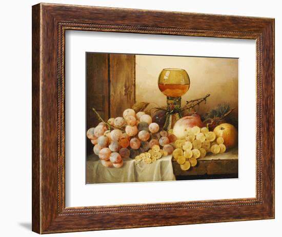 Grapes, Apple, Plums and Peach with Hock Glass on Draped Ledge-Edward Ladell-Framed Giclee Print