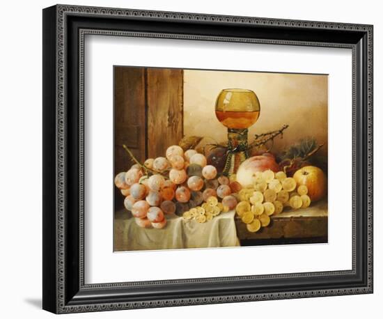 Grapes, Apple, Plums and Peach with Hock Glass on Draped Ledge-Edward Ladell-Framed Giclee Print