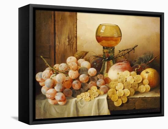 Grapes, Apple, Plums and Peach with Hock Glass on Draped Ledge-Edward Ladell-Framed Premier Image Canvas