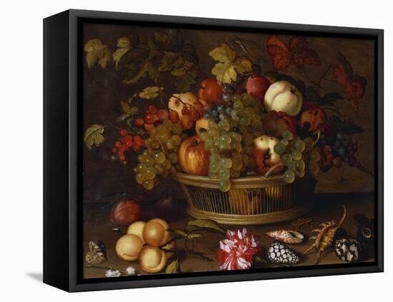 Grapes, Apples, a Peach and Plums in a Basket with Lily of the Valley-Balthasar van der Ast-Framed Premier Image Canvas