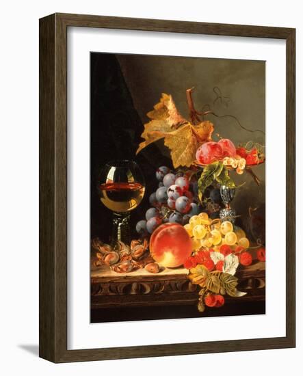 Grapes, Plums, White currants, Strawberries with Wine on a Wooden Ledge-Edward Ladell-Framed Giclee Print