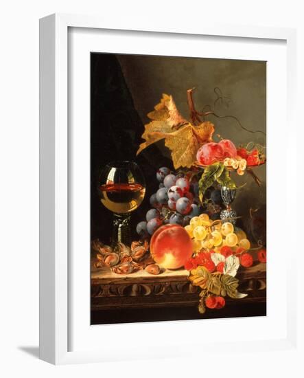Grapes, Plums, White currants, Strawberries with Wine on a Wooden Ledge-Edward Ladell-Framed Giclee Print