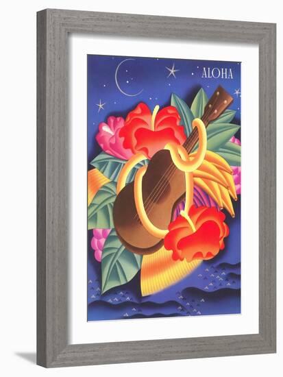 Graphic of Ukulele and Tropical Flowers, Aloha-null-Framed Art Print