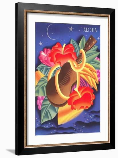 Graphic of Ukulele and Tropical Flowers, Aloha-null-Framed Art Print