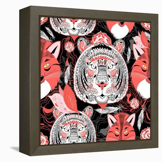 Graphic Pattern of Portraits of Beautiful Tigers and Foxes on a Black-Tatiana Korchemkina-Framed Stretched Canvas