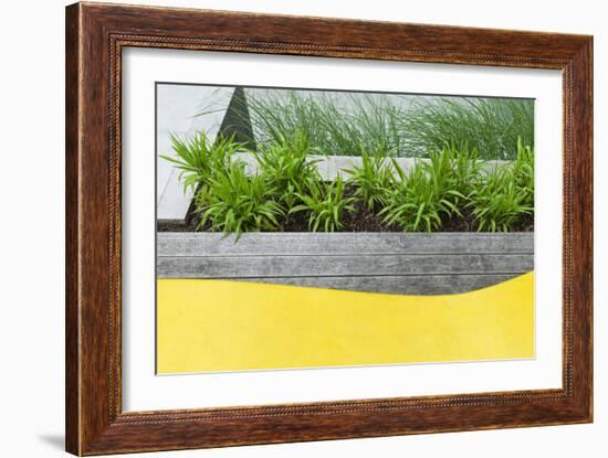 Grasses and Perennial Plants in Wooden Planter in Modern Garden with Detail of Plastic Seating-Pedro Silmon-Framed Photo
