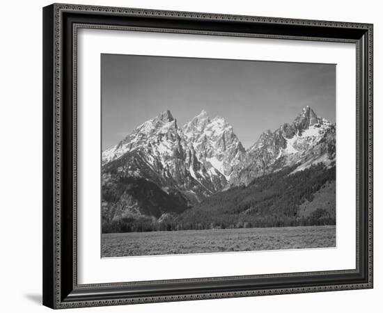 Grassy Valley Tree Covered Mt Side And Snow Covered Peaks Grand "Teton NP" Wyoming 1933-1942-Ansel Adams-Framed Premium Giclee Print