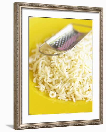 Grated Cheese with Grater on Yellow Plate-Dave King-Framed Photographic Print