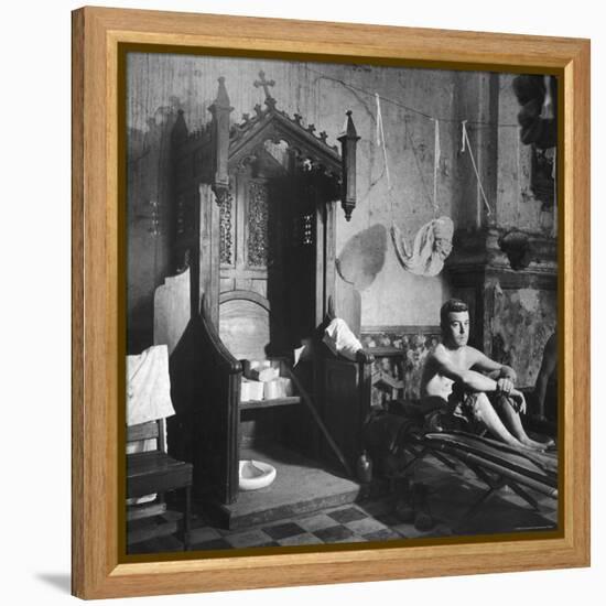 Grave Soldier on Cot Next to Ornate Confessional in Makeshift Hospital in Cens Cathedral-W^ Eugene Smith-Framed Premier Image Canvas