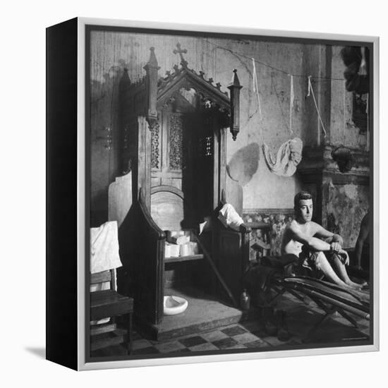Grave Soldier on Cot Next to Ornate Confessional in Makeshift Hospital in Cens Cathedral-W^ Eugene Smith-Framed Premier Image Canvas