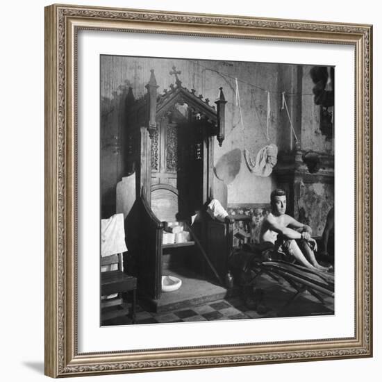 Grave Soldier on Cot Next to Ornate Confessional in Makeshift Hospital in Cens Cathedral-W^ Eugene Smith-Framed Photographic Print