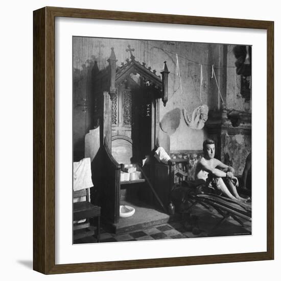 Grave Soldier on Cot Next to Ornate Confessional in Makeshift Hospital in Cens Cathedral-W^ Eugene Smith-Framed Photographic Print