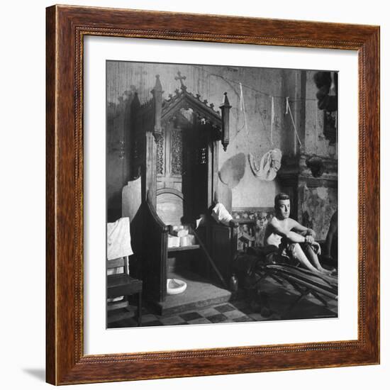 Grave Soldier on Cot Next to Ornate Confessional in Makeshift Hospital in Cens Cathedral-W^ Eugene Smith-Framed Photographic Print