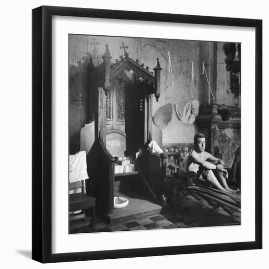 Grave Soldier on Cot Next to Ornate Confessional in Makeshift Hospital in Cens Cathedral-W^ Eugene Smith-Framed Photographic Print