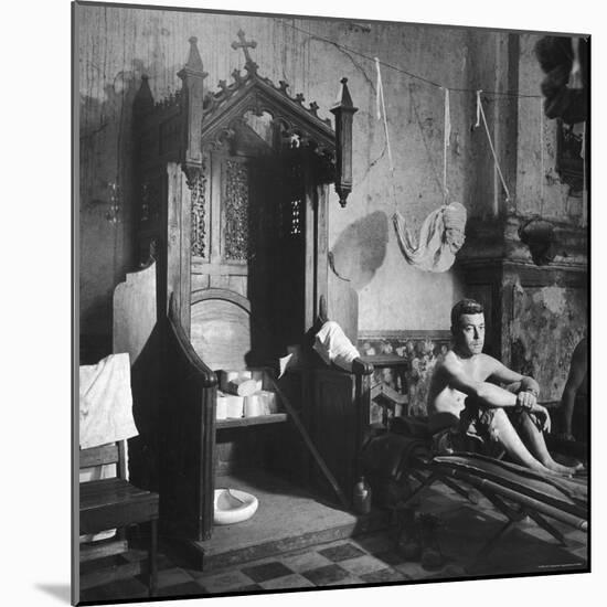 Grave Soldier on Cot Next to Ornate Confessional in Makeshift Hospital in Cens Cathedral-W^ Eugene Smith-Mounted Photographic Print