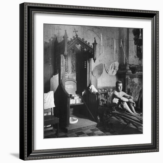 Grave Soldier on Cot Next to Ornate Confessional in Makeshift Hospital in Cens Cathedral-W^ Eugene Smith-Framed Photographic Print